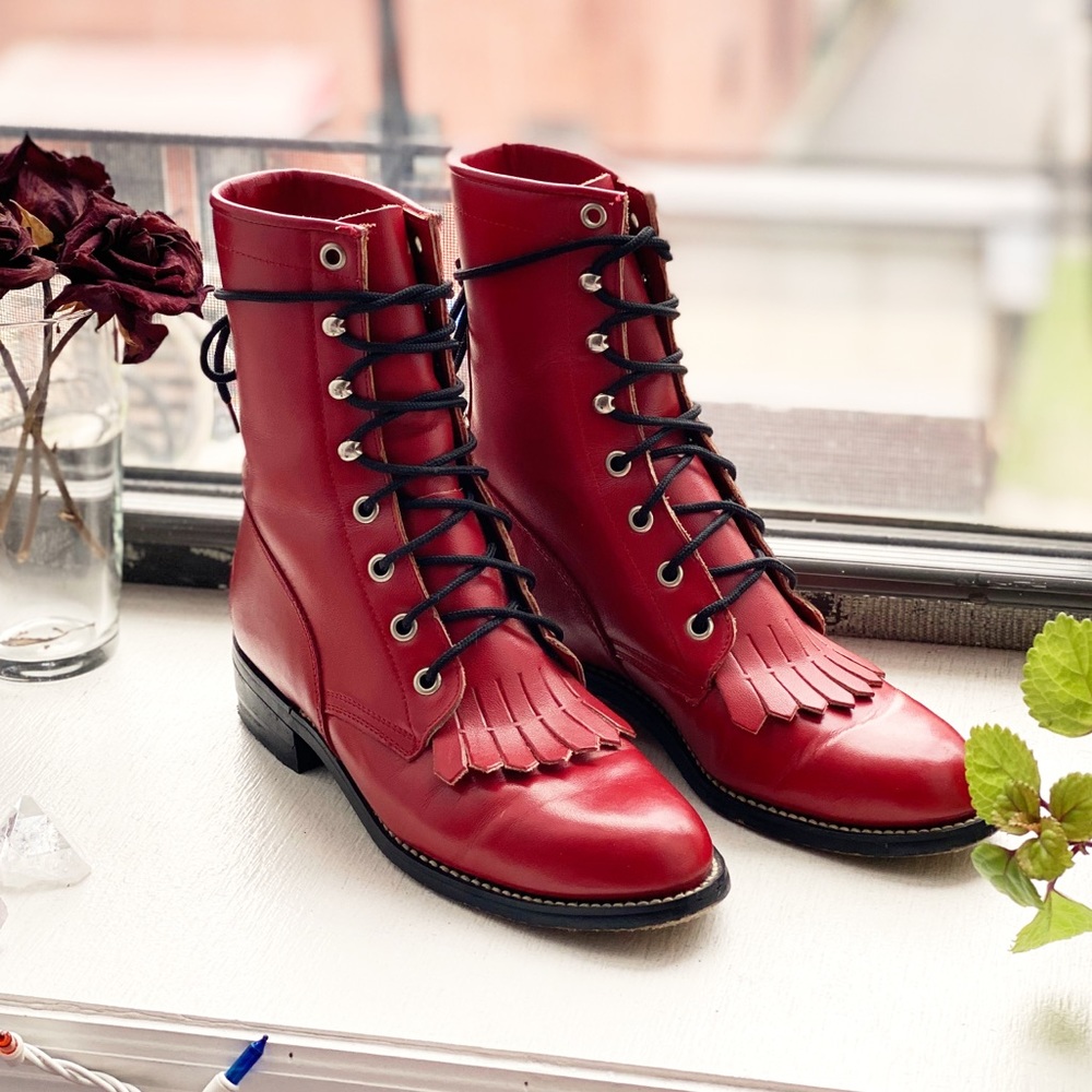 Red Justin Leather Lace-Up Roper Boots Vintage